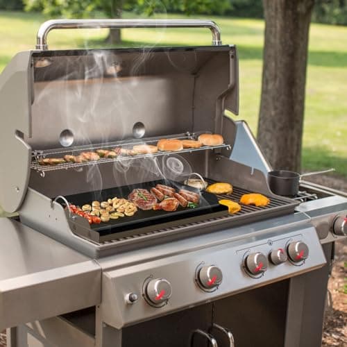 Onlyfire Céramique Plaque de Gril, Universelle Plaque de Cuisson pour Gril à gaz et Barbecue au Charbon de Bois, BBQ plancha avec Poignée, Revêtement Antiadhésif, 58,5 x 40,5 x 7cm, Noir
