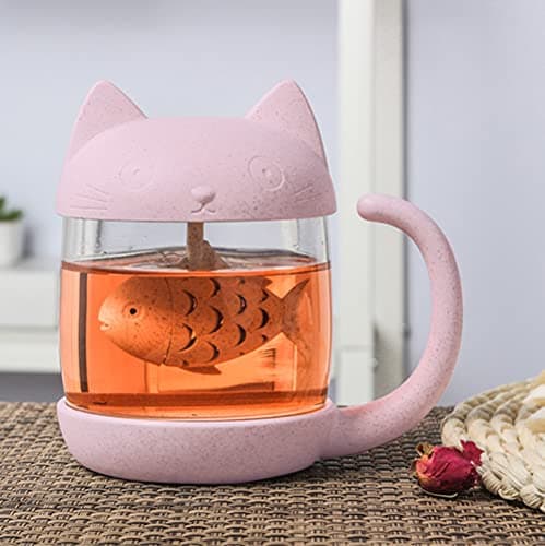 BigNoseDeer Cadeau Femme Cadeau Noel Tasse à thé en Verre de Chat Bouteille d'eau-avec Filtre de Filtre à Infusion de Pain de Poisson 250ML (8 oz) (Rose)
