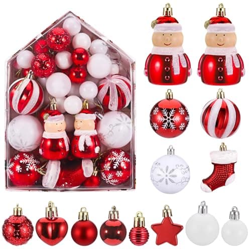 Kssvzz 72 Pcs Boule de Noel, Decoration Noel Sapin avec Lanière, Deco de Noel Mat et Brillant, Christmas Decorations à Suspendre - pour l'Intérieur et l'Extérieur, Anniversaires, Fêtes(Rouge, Blanche)
