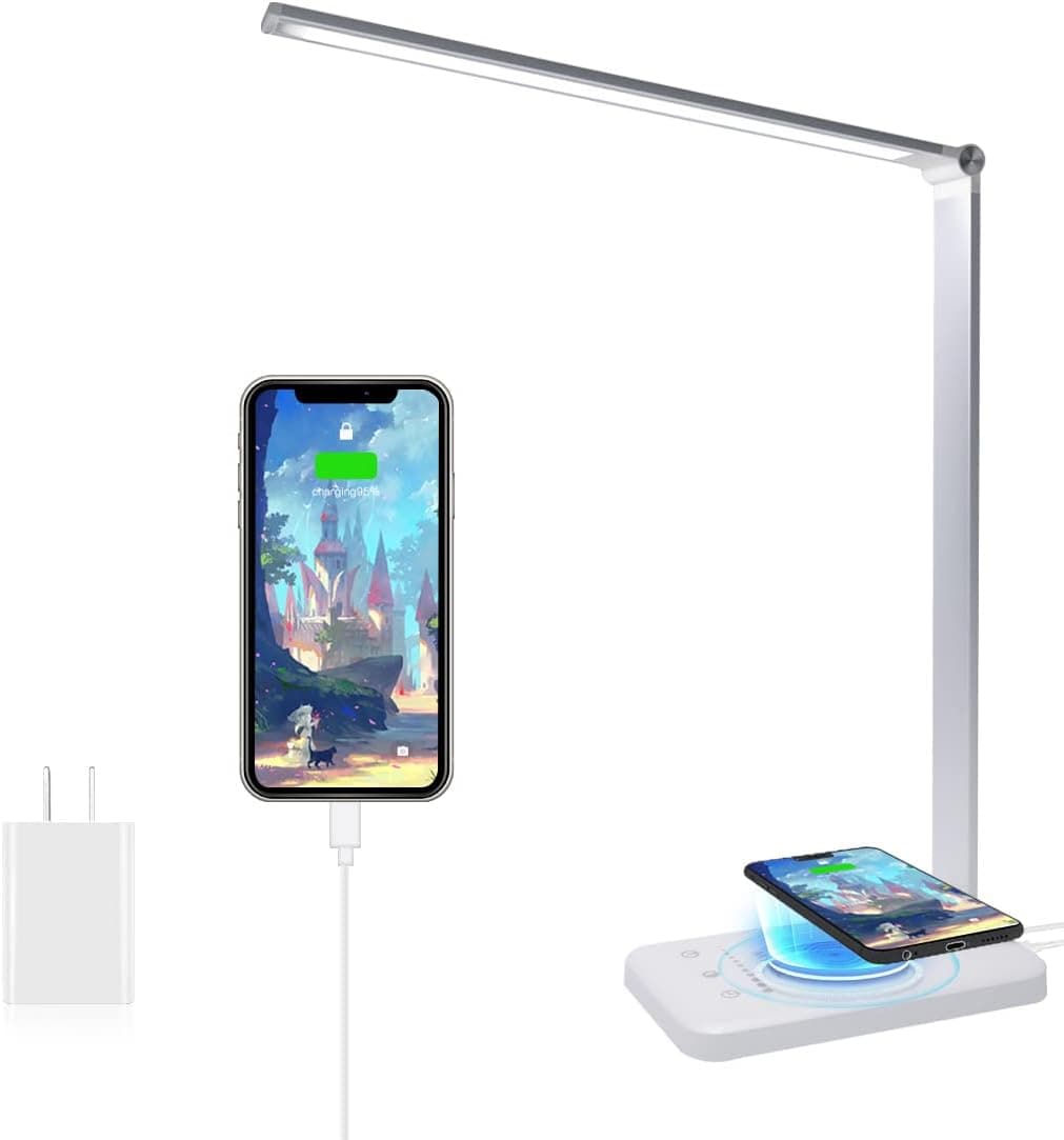 Lampe de Bureau avec Chargeur sans Fil,Lampe de chevet Avec Port USB,Blanc