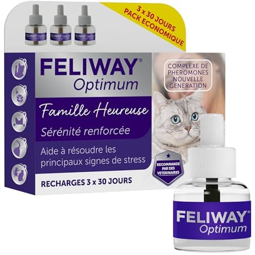 FELIWAY Optimum - Anti-Stress pour Chat - Complexe de phéromones apaisantes pour Une sérénité renforcée - Pack économique 3 recharges (3x30 Jours)