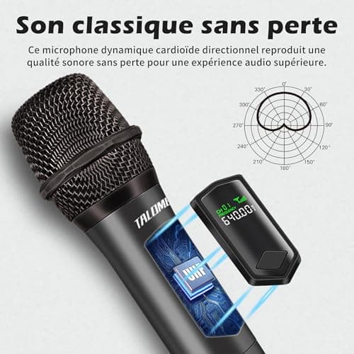 Talomen Microphone sans fil professionnel,système de dual microphone à 2.4 GHz Karaoké Dynamique Rechargeable avec Récepteur,160ft Ext,Idéal pour Karaoké,Chants,Fêtes,Soirées,DJ,Églises,Mariages,K60-2