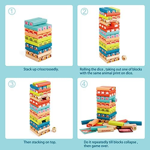 TOP BRIGHT Jouet Tour de Blocs Empilables colorés et Animaux en Bois pour Enfant de 4 5 6 7 8 Ans, 4 en 1 Jeux à Empiler pour Garçon et Fille 3 Ans, Cadeau avec 51 pièces