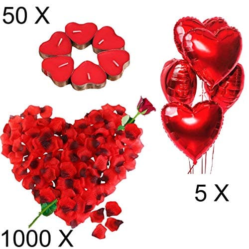 Bougies Romantiques et Pétales. 50 Bougies en Forme de Coeur + 1000 Pétales de Rose Rouges en Soie, 5 Ballons Coeur Rouges - Décoration pour Mariage, Saint Valentin et Fiançailles