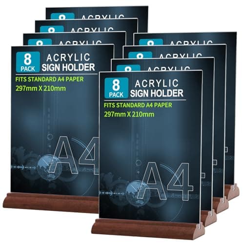 Srvnpioy Lot de 8 Présentoirs A4 pour Menu en Bois, Présentoir de Table A4 en Acrylique, Plexi A4 Support Menu en Acrylique, Porte Menu A4 pour Restaurants, Hôtel, école, Bureau