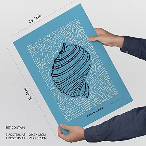 Nacnic Ensemble de 6 affiches à l'encre noire. Fleurs d'iris. Impressions artistiques de la mer et de l'océan pour l'aménagement intérieur et la décoration. A3 et A4, cadres blancs.