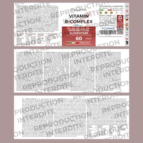 Bandini® Vitamine B Complex | Complexe de Vitamines group B au naturel avec Folate & Biotine: B1, B2, B3, B5, B6, B7, B9, B12, Bétaïne, Choline, Inositol | Haute assimilation | B-Complex 60 Capsules