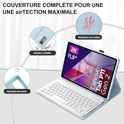 IVEOPPE Clavier pour Lenovo Tab p11 2nd gen 11.5 Pouces, Coque Étui Clavier AZERTY Français Détachable Bluetooth pour Lenovo Tab P11 2nd Gen, Bleu Ciel