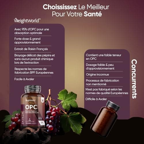 OPC Extrait de Pépins de Raisin Naturel Français 1000mg (French Grapeseed Extract) - 240 Gélules Vegan (8 Mois) - 95% OPC Forte (Vitis vinifera L.) - Polyphénols Concentré Avec Antioxydant Puissant