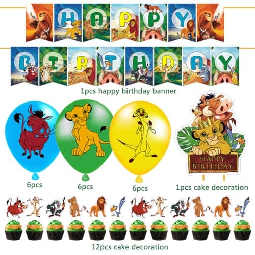 Syijupo Lion Thème Fournitures de Fête, 32 Pcs Décorations d'Anniversaire De Lion, Ballons,Décoration Gâteau,pour Enfant Anniversaire Déco