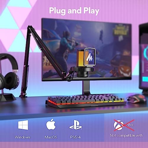 MAONO USB Micro Gaming, RGB Condensateur Microphone avec réduction du Bruit/Muet/Gain/Moniteur/Bras Micro, pour Enregistrement, Streaming, Postcast, Discord, Ordinateur, Compatible avec Mac, PS4&5