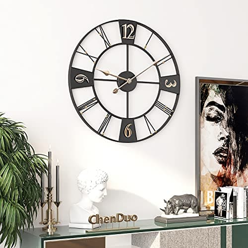 Yumyolk Horloge Murale Ronde, 60 cm, Silencieuse, Fonctionnement à Piles, Lunette Noire, Aiguilles Or, Chiffres Arabes Or
