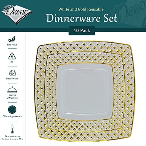 Decor Decorline - Ensemble Vaisselles d'assiettes Plastic Réutilisables de 40 pièces/Pour 20 Personnes - Collection Diamond - Oré - Assiettes Dîner & Entrée Dessert (20x25cm & 20x20cm)