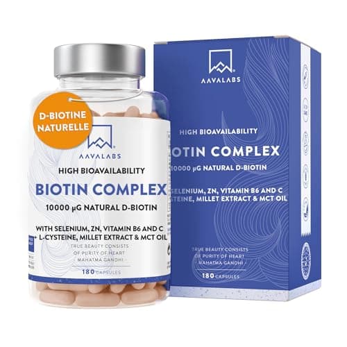 Biotine Cheveux 10000μg Complement Alimentaire Cheveux Biotin Vitamine B8 Zinc Selenium Huile de Coco MCT Vitamine C Acide Folique Vitamine B6 LCystéine Pousse Cheveux Biotine 10000 mcg -180 Gélules