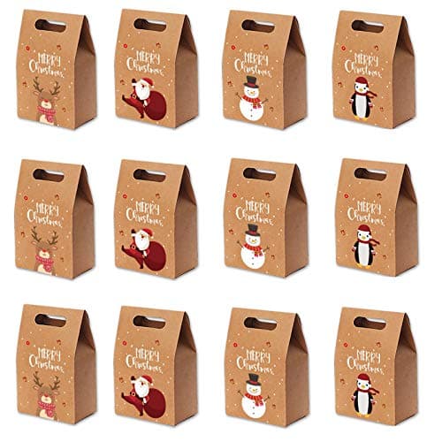 12 Pièces Boîtes Cadeau de Noël en Papier Kraft, Boite Cadeau Noel Vide, avec le père Noël, le Wapiti, le Bonhomme de Neige, le Motif de Pingouin, pour les Cadeaux de Bonbons de Fête de Noël