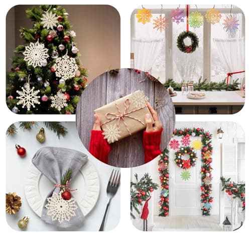 ilauke 36Pcs Bois Arbre de Noël Ornements avec Boîte en Bois,7cm/10cm Ornements de Flocon de Neige à Suspendre en Bois,3mm Pendentifs Rustiques Artisanat en Bois de Flocon pour Noël Mariage Fête