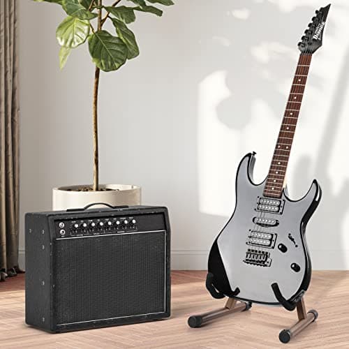 PlutuX Support de Guitare en Bois | Stand A Pliable Universel pour Guitare Acoustique | Electrique | Classique | Basse et Ukulélé | Porte Guitare Portable Support en Bois Dur Naturel Marron Foncé