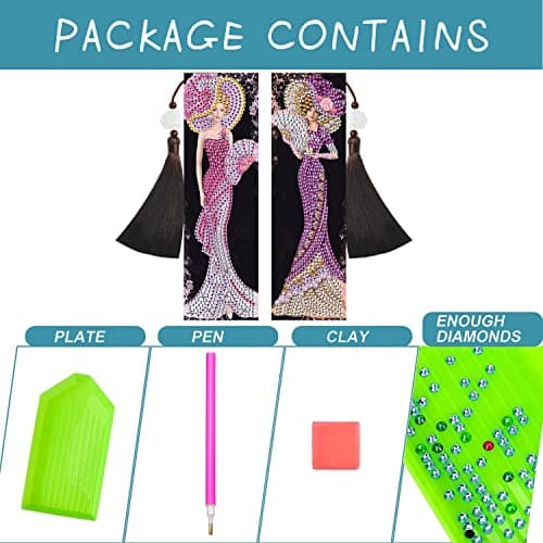 DCIDBEI Diy Diamond Painting Signets, Marque-page Lot 2 kit de Broderie Diamant,Diamond Art Surprise Tableau Kit Diamant Cadeau pour Anniversaire Noël(Femme Dame en Robe Violet et Rose)