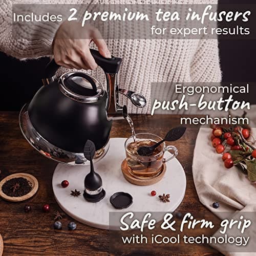 Bouilloire sifflante avec poignée iCool, théière chirurgicale en acier inoxydable pour toutes les cuisinières, 2 infuseurs GRATUITS inclus, 3 litres par Pykal (Noir)