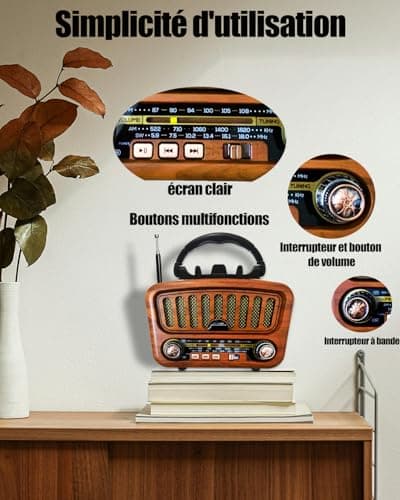 Poste Radio Portable avec Haut-Parleur Bluetooth, AM/FM/SW Petite Radio Vintage avec Haut-Parleur 5W et Bluetooth 5.0, Transistor Radio a Pile avec Fonction USB/TF/AUX (Or)
