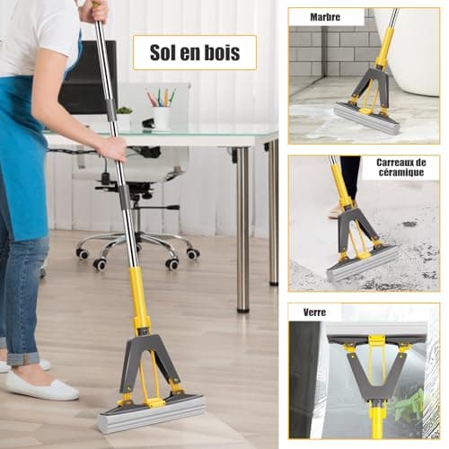 Myiosus Balai Eponge avec Essorage, Balai Serpillere avec 3 éponge PVA absorbante et Réutilisables, Poignée Réglable de 130 cm, Vadrouille éponge pour Nettoyage de Sol