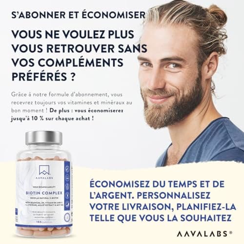 Biotine Cheveux 10000μg Complement Alimentaire Cheveux Biotin Vitamine B8 Zinc Selenium Huile de Coco MCT Vitamine C Acide Folique Vitamine B6 LCystéine Pousse Cheveux Biotine 10000 mcg -180 Gélules