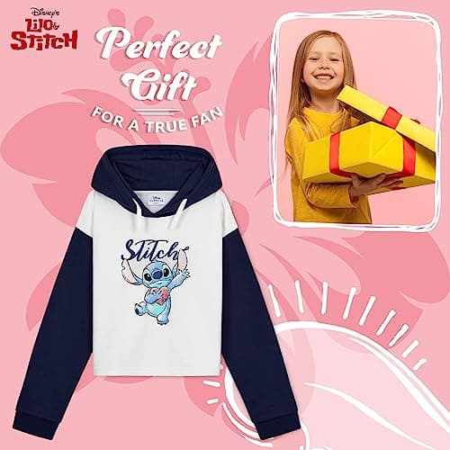 Disney Sweat à Capuche Fille Stitch, Pull Stitch, Crop Top Fille, Vêtements Mode Fille et Ado 7-14 Ans (Navy/Blanc, 7-8 Ans)