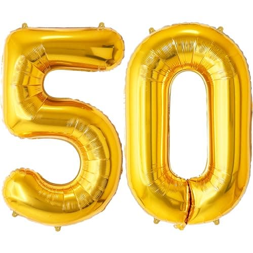 FUNFEST Ballons Anniversaire 50 Ans Couleur Or de 100cm – Décoration Ballon Anniversaire – Inclus Ballon 50 ans XL & Paille - Vole avec de l’hélium - Ballon Réutilisable de Qualité Supérieure