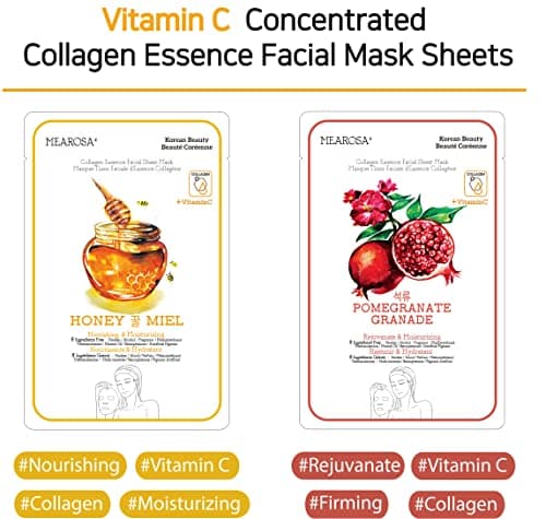 MEAROSA Masque facial en feuille Korean SkinCare de qualité supérieure Vitamine C Collagène Essence peau sensible (paquet de 8 feuilles)