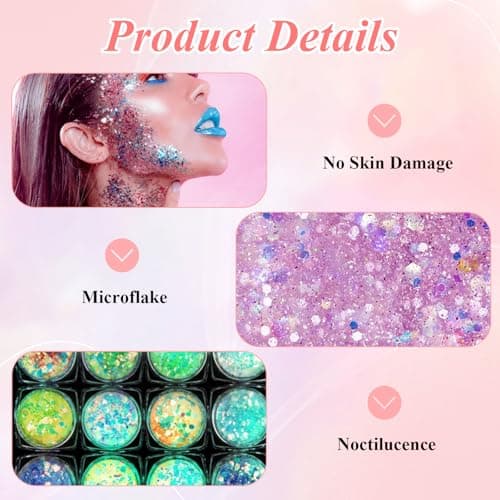 12 Couleurs Paillettes Visage Gel Festival Briller Dans L'obscurité Fluorescent Festival Accessoire pour Visage Yeu Paillettes Corps pour Masquerade Maquillage Quotidien Musique Halloween Christmas