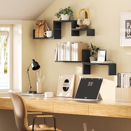 SRIWATANA Etagere Murale Noir Lot de 5, Étagère Murales Bois Suspendue, Etagere Flottante de Rangement, DIY Déco Tablette Flottante pour Salon Chambre Bureau Salle de Bains, Cuisine, Charge Max.40kg