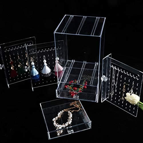 VINFUTUR Porte Présentoir Bijoux Boîte Rangement Boucle d'oreille Transparent 222 Trous avec 3 Tiroirs Plateaux Organisateur Maquillage pour Bijoux Collier Bracelet