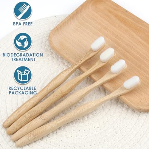 SRLWMYI Brosse a dent bambou [Lot de 4] – Brosse à dents nano – 100% sans BPA – Brosse à dents Souple ultra douce – Brosse à dents en bambou végétalienne et respectueuse de l'environnement (blanc) –