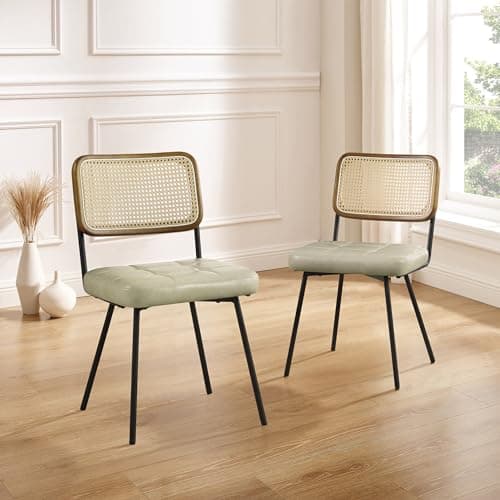 Zouron Chaises de Salle à Manger en rotin Lot de 2,Chaise de Salle à Manger Moderne du Milieu du siècle avec Pieds en métal,Chaise de Cuisine avec Dossier en rotin,Chaise en Cuir rembourré,Beige