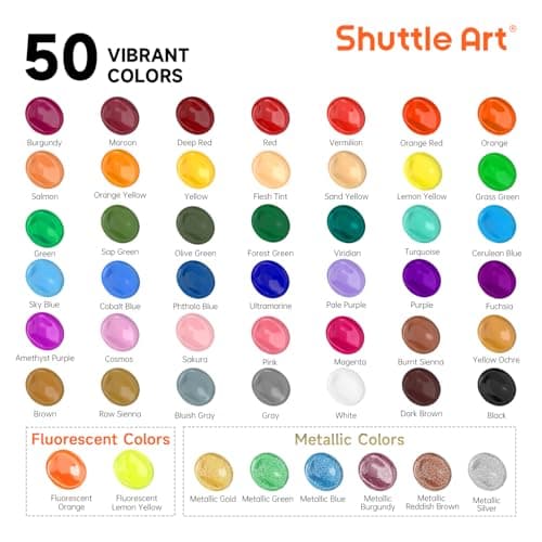 Shuttle Art 62PCS Kit Peinture Acrylique, 50 Couleurs (60ml) Peinture Acrylique avec 12 Pinceaux, Peintures pour Artiste Non Toxique, Acrylique Peinture pour Toile,Tissu pour Artiste, Débutant, Enfant