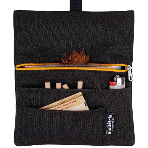 Blague à tabac à rouler hydrofuge - Pochette à tabac 30/50 g avec compartiments pour Feuilles, Filtres et Briquet (Fermeture jaune)