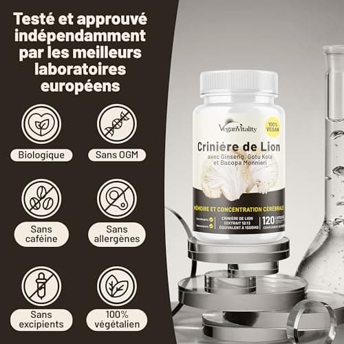Complexe de capsules de supplément de champignons Lions Mane - Supplément sans caféine, extrait de crinière de lion - 120 capsules végétaliennes de Bacopa Monnieri, Gotu Kola, Ginseng