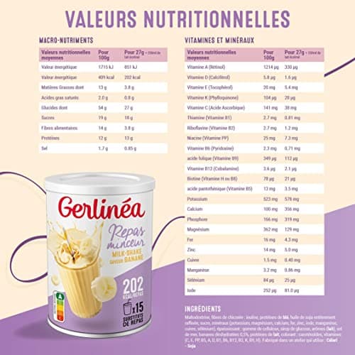 Gerlinéa Boisson Milkshake goût Banane - Substituts de repas riche en protéines - Poudre à reconstituer - contient 15 repas - 220388