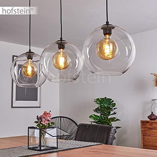 Suspension Minhe en métal noir et verre, lampe pendante vintage idéale dans un salon rétro, hauteur max. 153 cm, pour 3 ampoules E27, ampoule(s) non incluse(s)