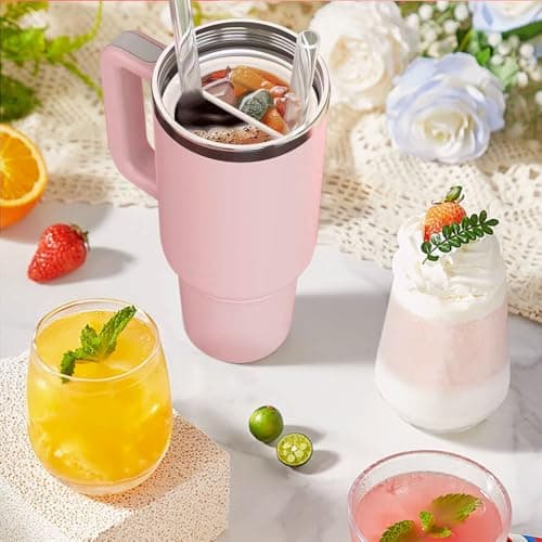TOEECY Stanley Cup Accessoires 2 en 1 avec doublure en Silicone Intérieur Séparateur Réutilisable Paille Insérable pour Gobelet 40 oz (Rose)