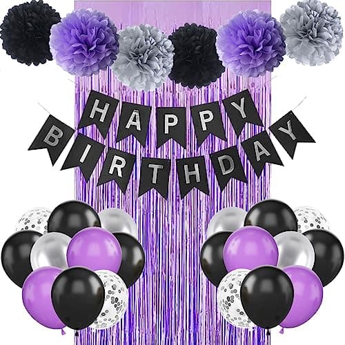 Décorations de fête de joyeux anniversaire noir violet et argent Fournitures de décoration de ballon avec bannière et rideau pour femmes hommes garçons filles 20th 30th 40th 50th 60th 70th Birthday