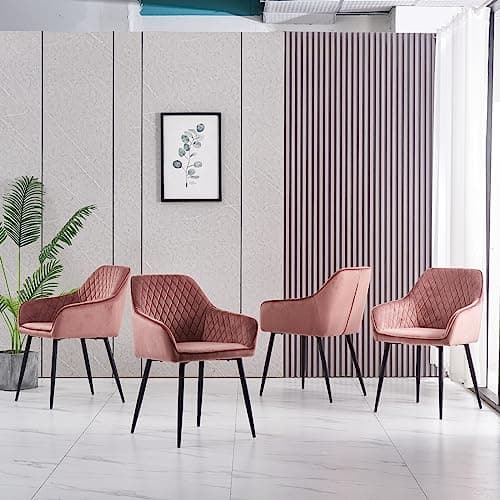 JYMTOM Lot de 4 Chaises Salle à Manger Roses Scandinaves, Chaises de Salon en Velours avec Dossier et Accoudoirs, Siège Rembourés, pour Salle à Manger, Bureau, Cuisine, Salon (4, Rose)