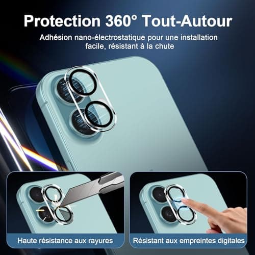 NEW'C Kit de 4, 2 x Verre Trempé pour iPhone 16 (6,1 Pouces) et 2 x Protection Caméra Arrière - Anti Rayures - sans Bulles d'air -Ultra Résistant - Dureté 9H Glass