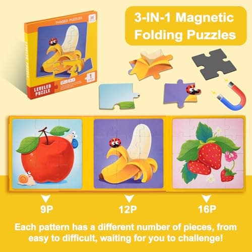 ASTARON Puzzles magnétiques pour Les Tout-Petits, 9-12-16 pièces Puzzles d'apprentissage des Fruits pour Les Voyages en Voiture, Jouets de Voyage, activités en Avion pour Les Enfants