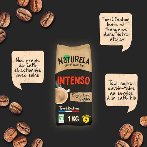 NATURELA - Café Grains Bio - Intenso - Arabica et Robusta - Gamme Signature - Torréfaction Lente - Fabriqué en France - 1 kg