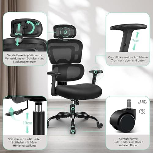 DoChair Chaise de bureau ergonomique multifonction en maille - 3D - Appuie-tête - Accoudoirs réglables en hauteur - Soutien dorsal dynamique - 150 kg - Noir