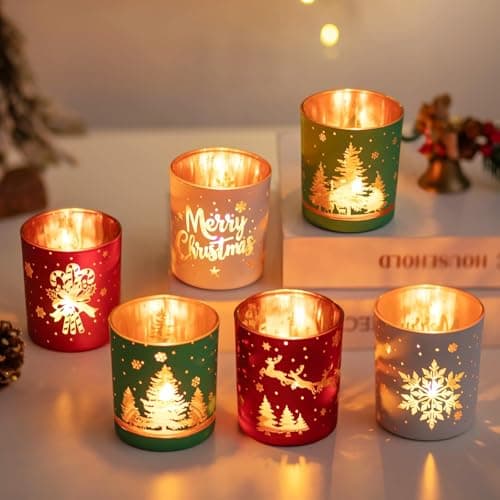 Glasseam Bougeoir De NoëL en Verre : Lot De 6 Bougies Chauffe-Plat Rouge Vert Blanc Bougies Chauffe-Plat De NoëL Bougies Votives DéCoratives pour Centres De Table DéCorations De FêTe Cadeau