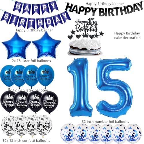 Ballon 15 ans anniversaire Bleu Noir,Ballons 15 ans anniversaire garçon,Bleu Noir 15 ans anniversaire garçon Déco fête,Decoration anniversaire 15 ans garçon fille,Bleu ballon 15 ans garçon