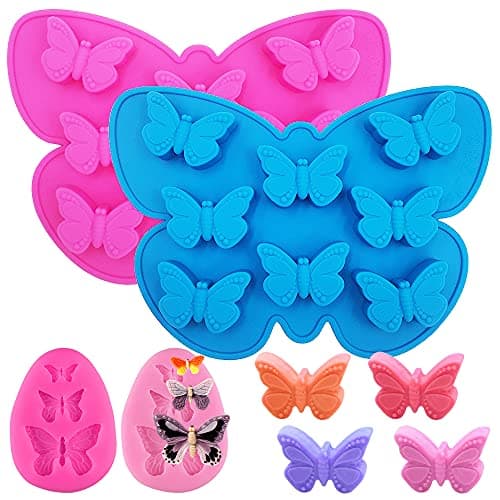 SENHAI Lot de 4 moules en silicone en forme de papillon – 2 mini moules en forme de papillon et 2 plateaux en silicone en forme de papillon normal, pour chocolat, bonbons, savon, glaçons