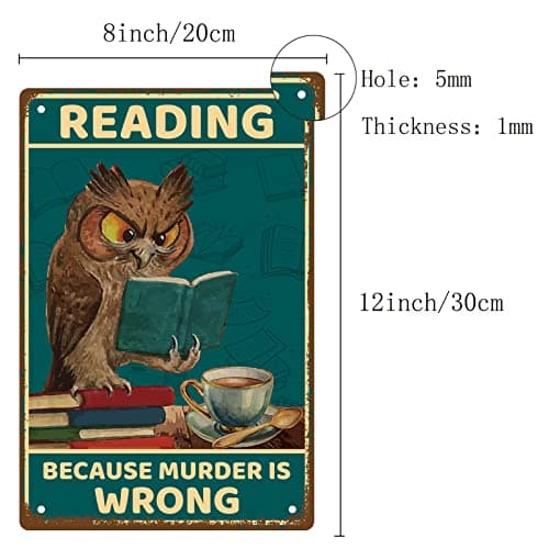 CREATCABIN Hibou Plaque Métal Lecture Parce Que Meurtre Est Faux Affiche Métal Vintage Rétro Art Mural à Suspendre Fer Peinture Plaque Animaux Drôles pour Maison Salle Bain Décoration Murale 20x30cm